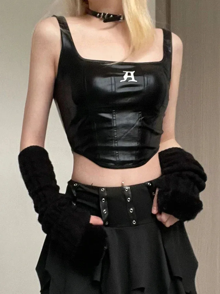 Gothic PU Top Tank Streetwear Black Crop Casual Top