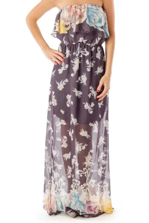 Gray & White Flower Printed Ruffle Strapless Dress