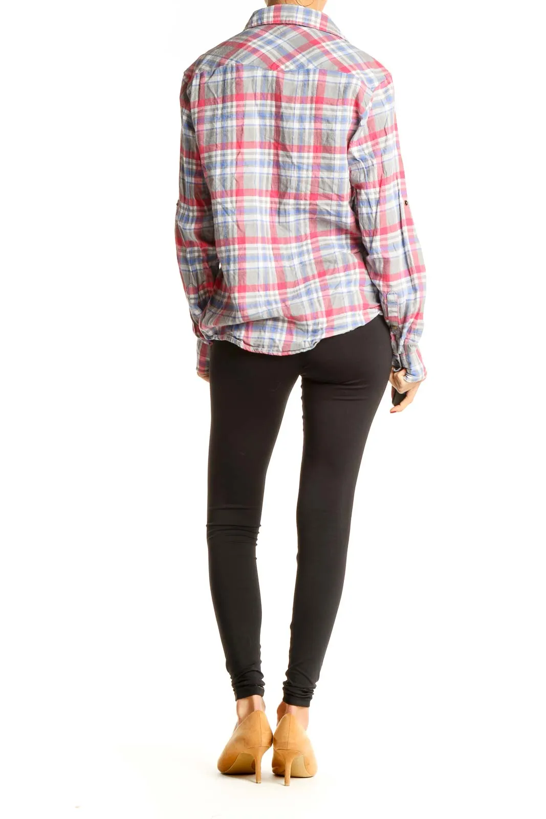 Gray Red Casual Checkered Top