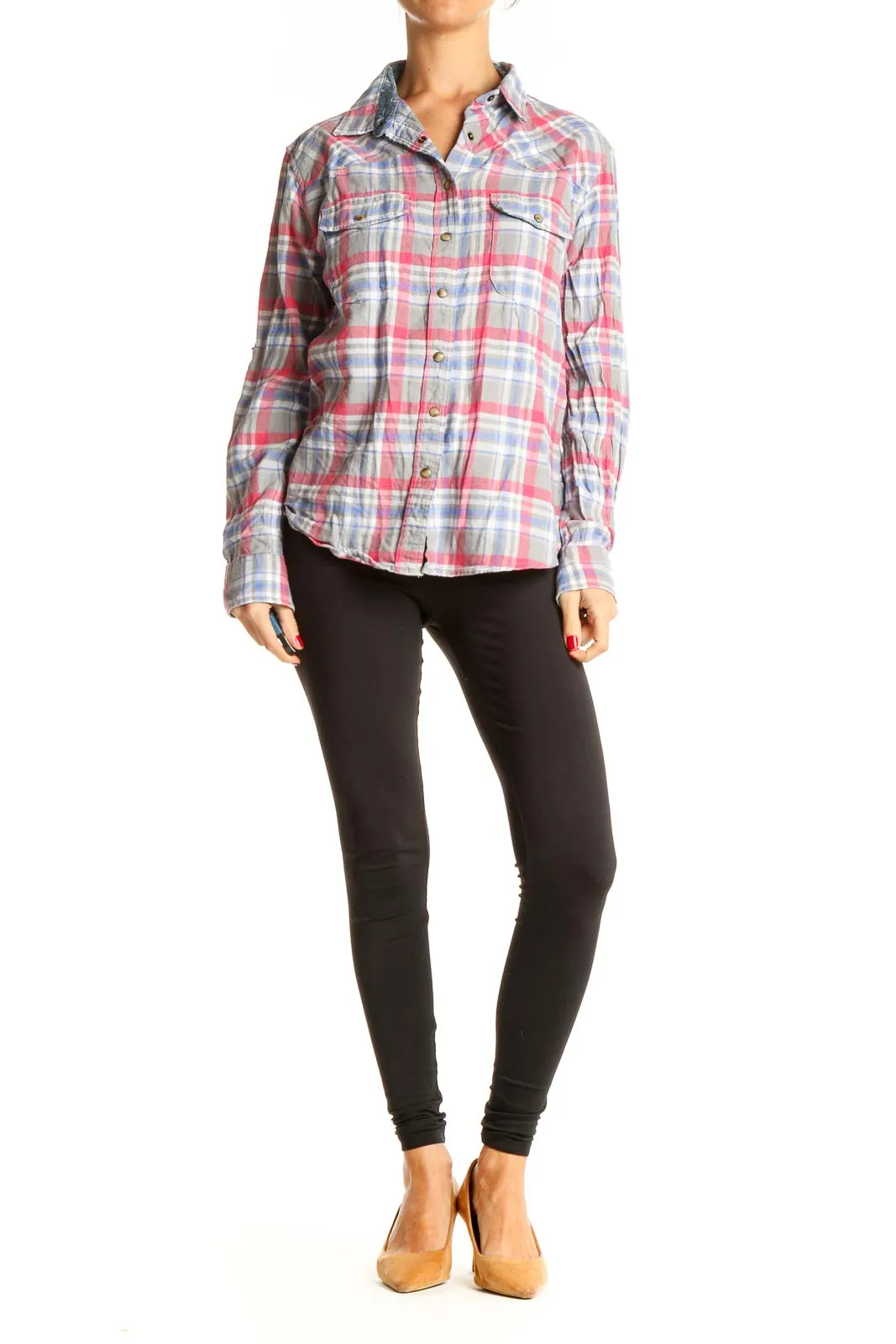 Gray Red Casual Checkered Top