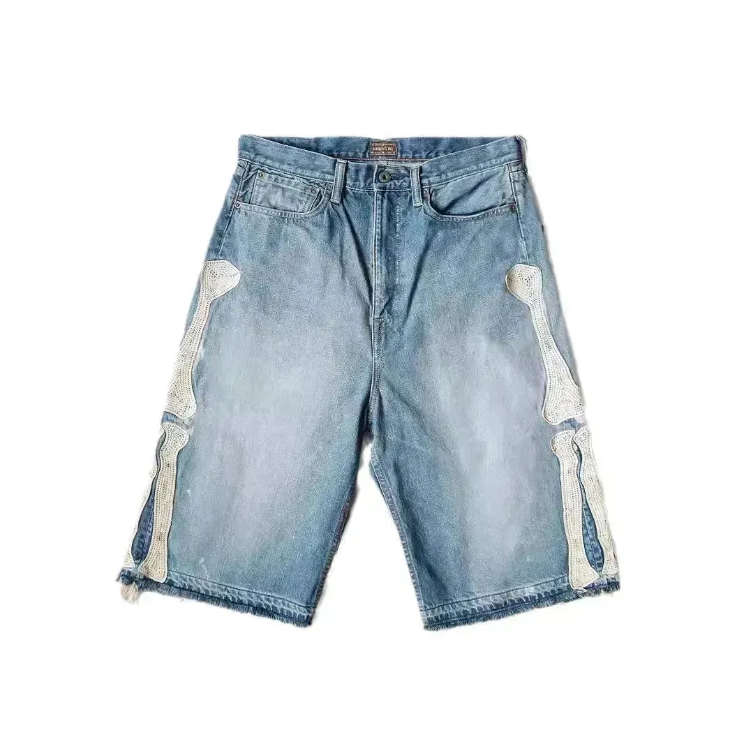 Hip Hop Embroidered Bones Casual Denim Shorts for Men Jeans shorts for Men