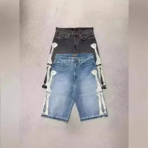 Hip Hop Embroidered Bones Casual Denim Shorts for Men Jeans shorts for Men