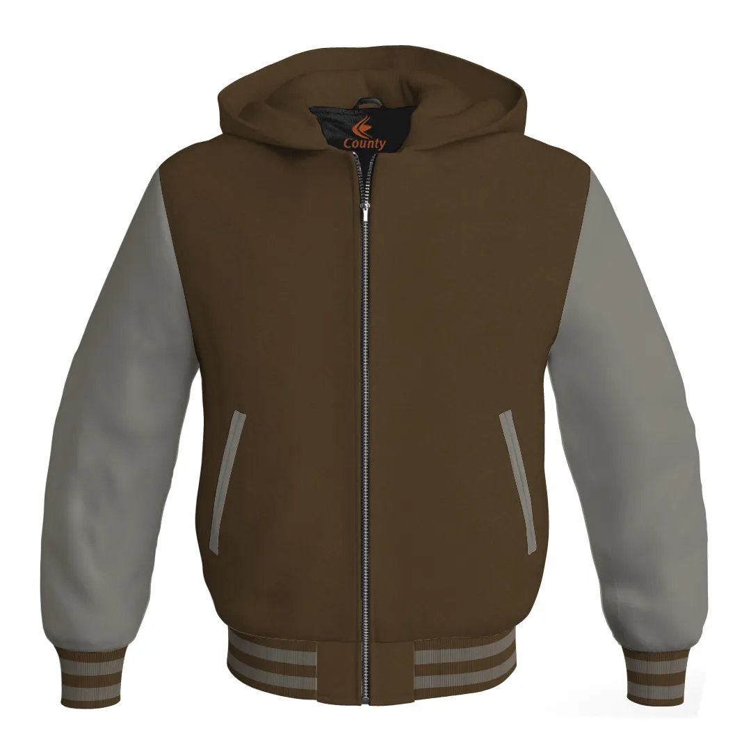 Hooded Bomber Women Brown Body and Gray Leather Sleeves Custom Hoodies