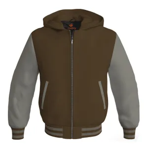 Hooded Bomber Women Brown Body and Gray Leather Sleeves Custom Hoodies