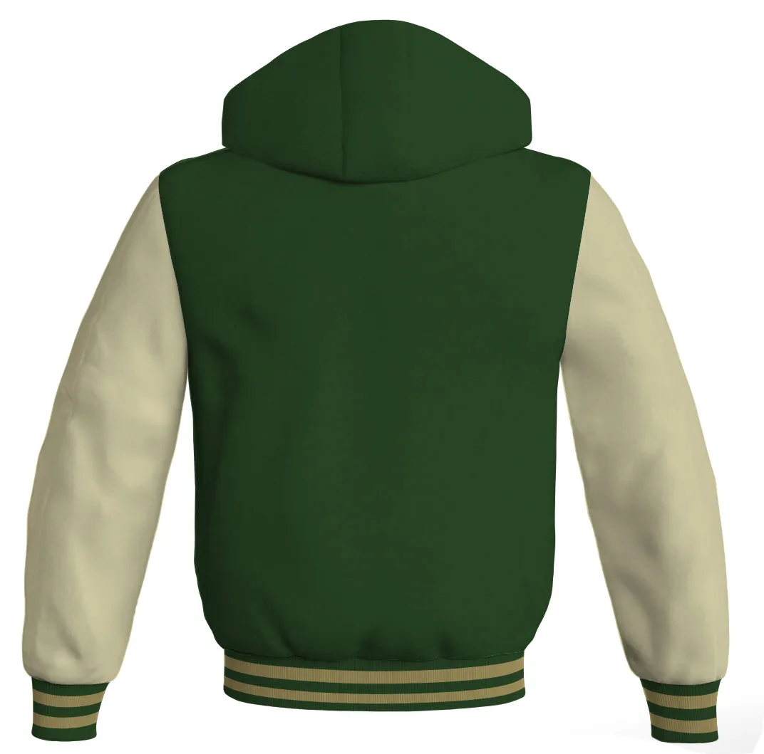 Hoodie Jackets Forest Green Body and Cream Leather Sleeves Bomber Jacket