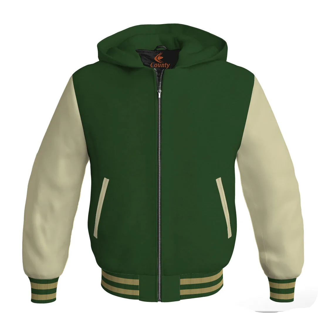 Hoodie Jackets Forest Green Body and Cream Leather Sleeves Bomber Jacket