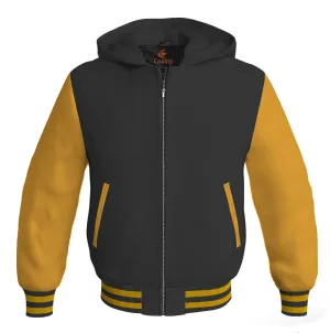 Hoodies For Men Black Body and Gold Leather Sleeves Varsity Hoodie