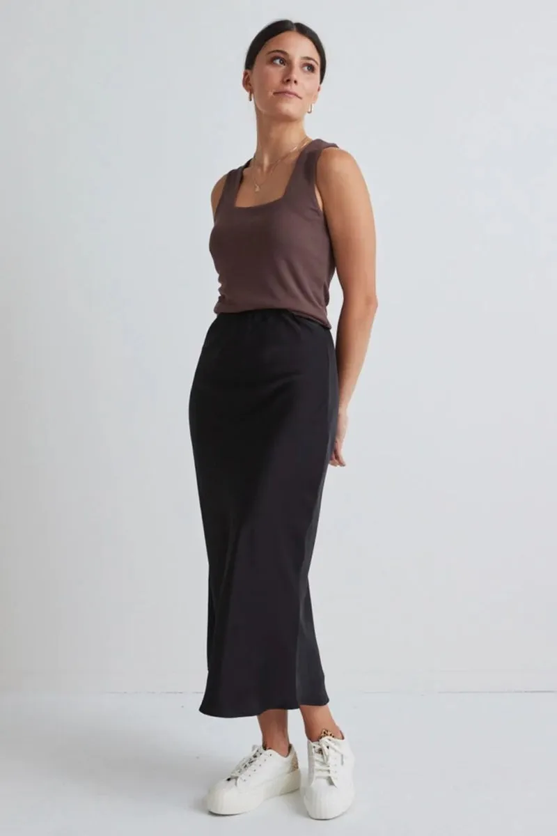 Ivy   Jack - Ivy Black Satin Midi Bias Skirt