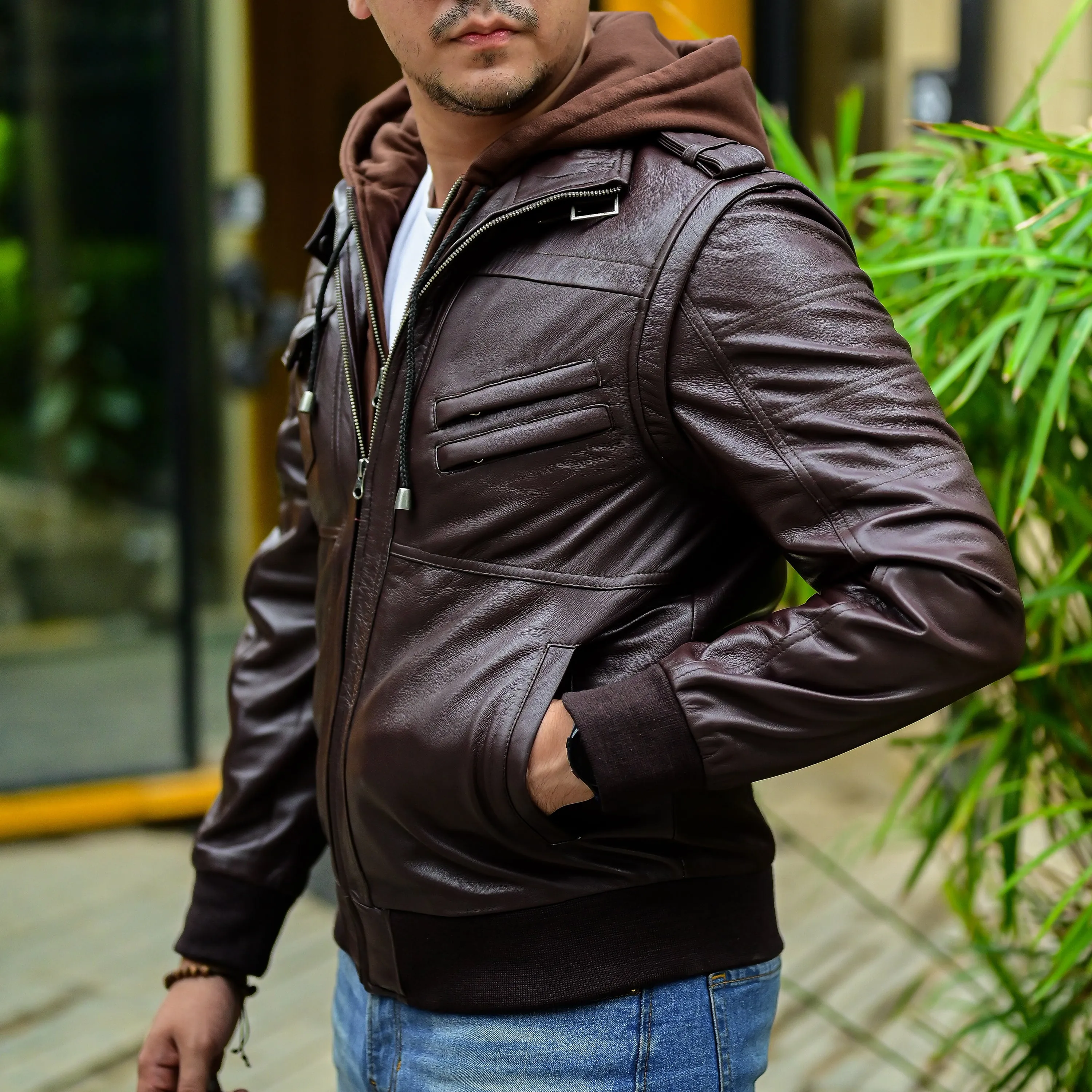 Jild Hooded Leather Bomber Jacket with Removable Hood & Sleeves