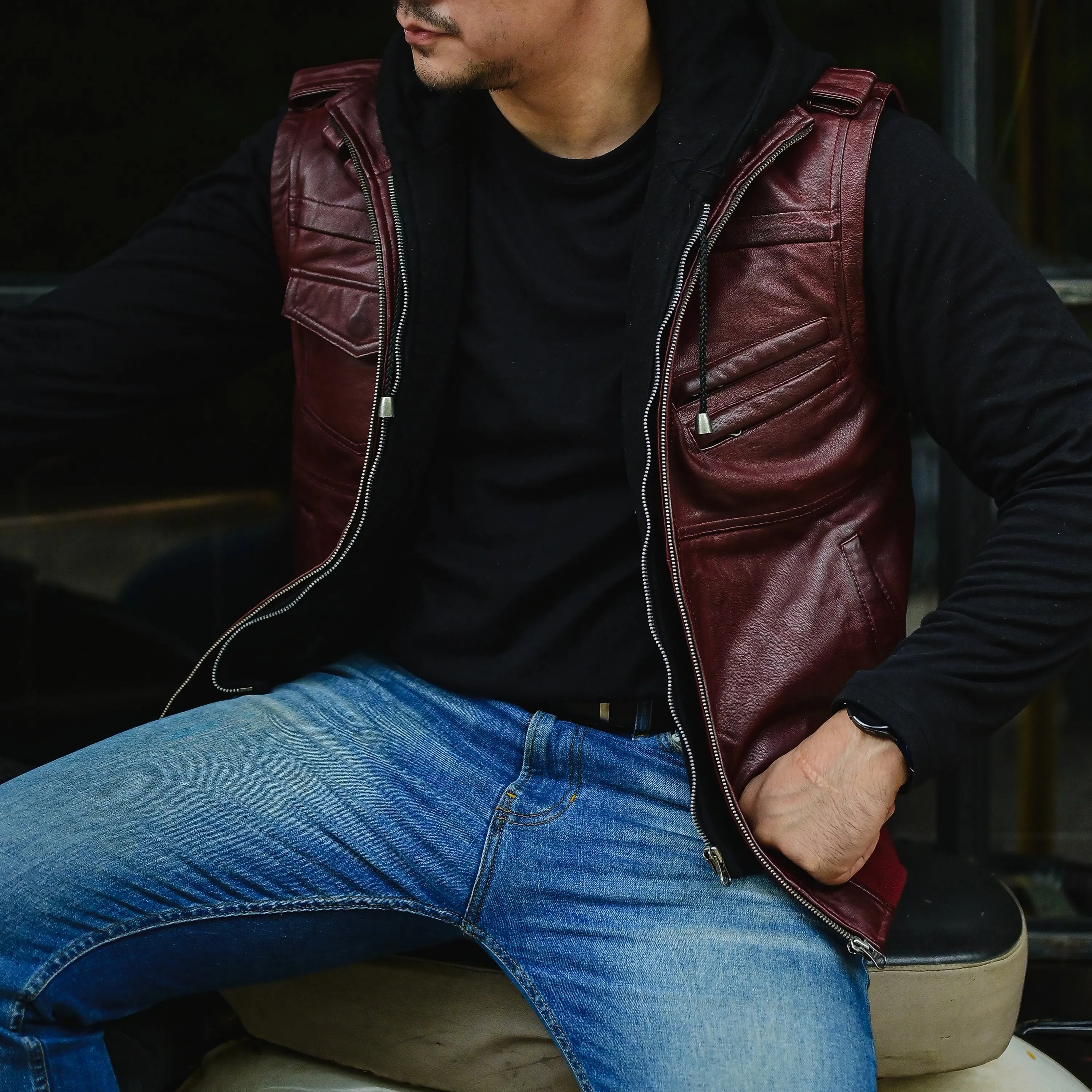 Jild Hooded Leather Bomber Jacket with Removable Hood & Sleeves