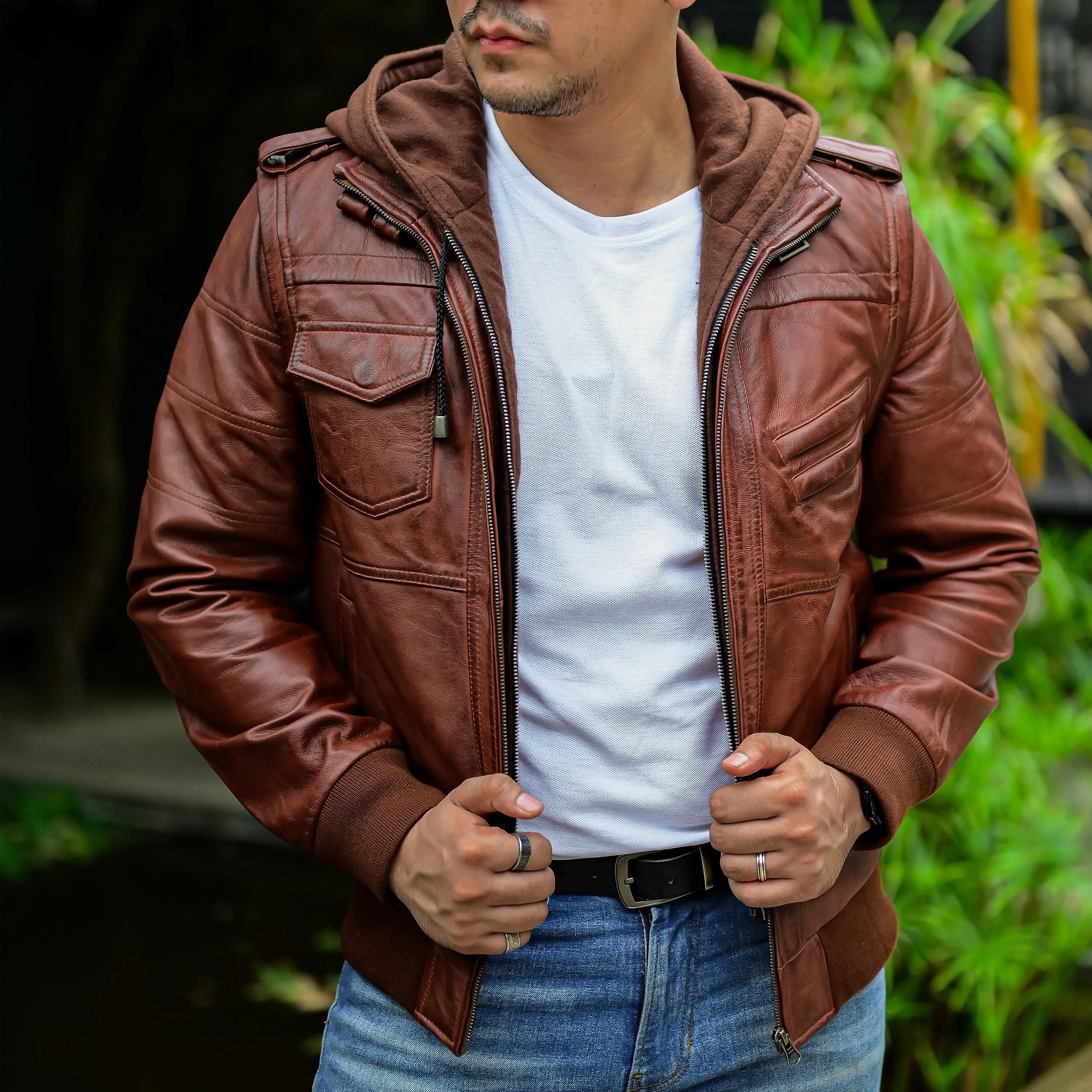 Jild Hooded Leather Bomber Jacket with Removable Hood & Sleeves