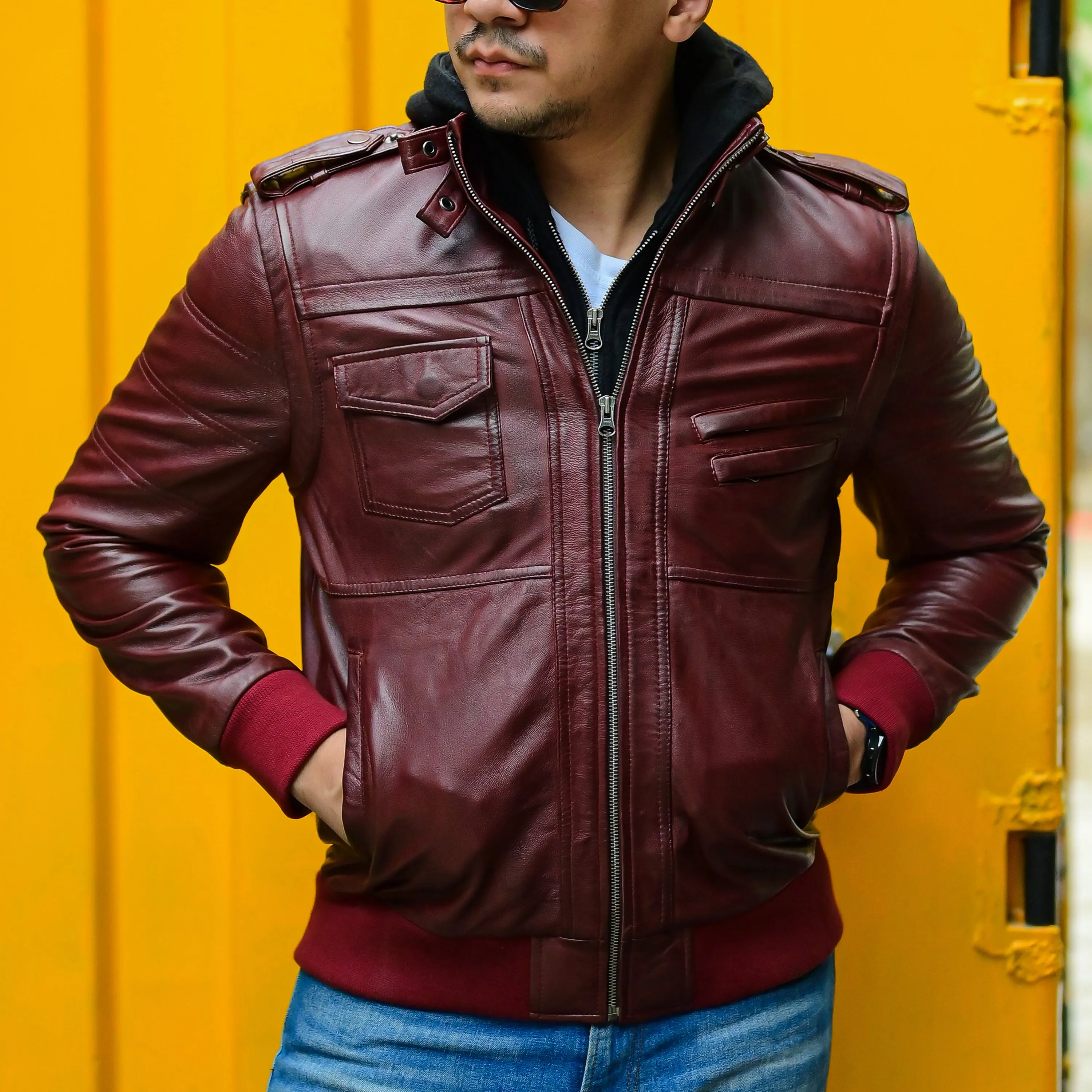 Jild Hooded Leather Bomber Jacket with Removable Hood & Sleeves