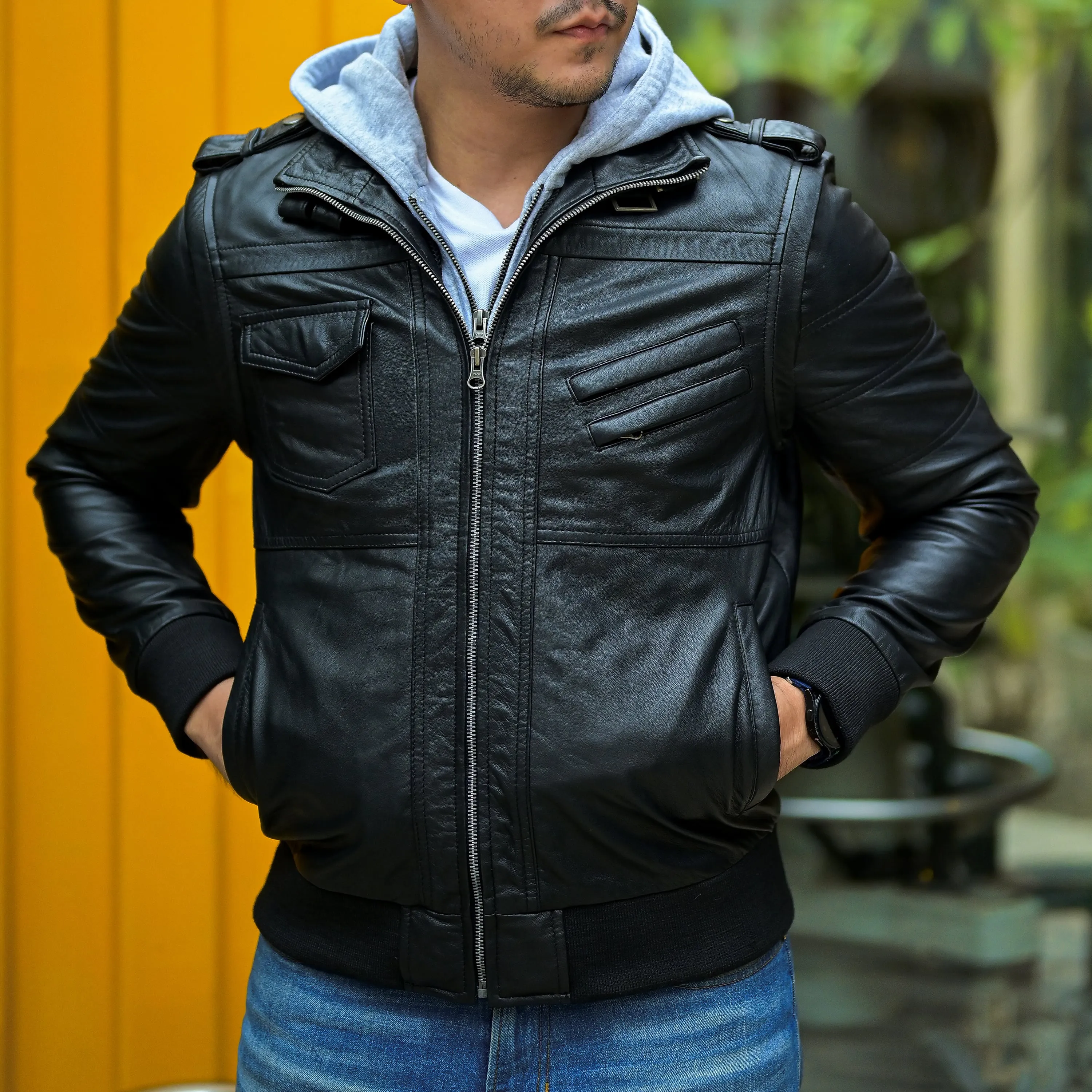 Jild Hooded Leather Bomber Jacket with Removable Hood & Sleeves