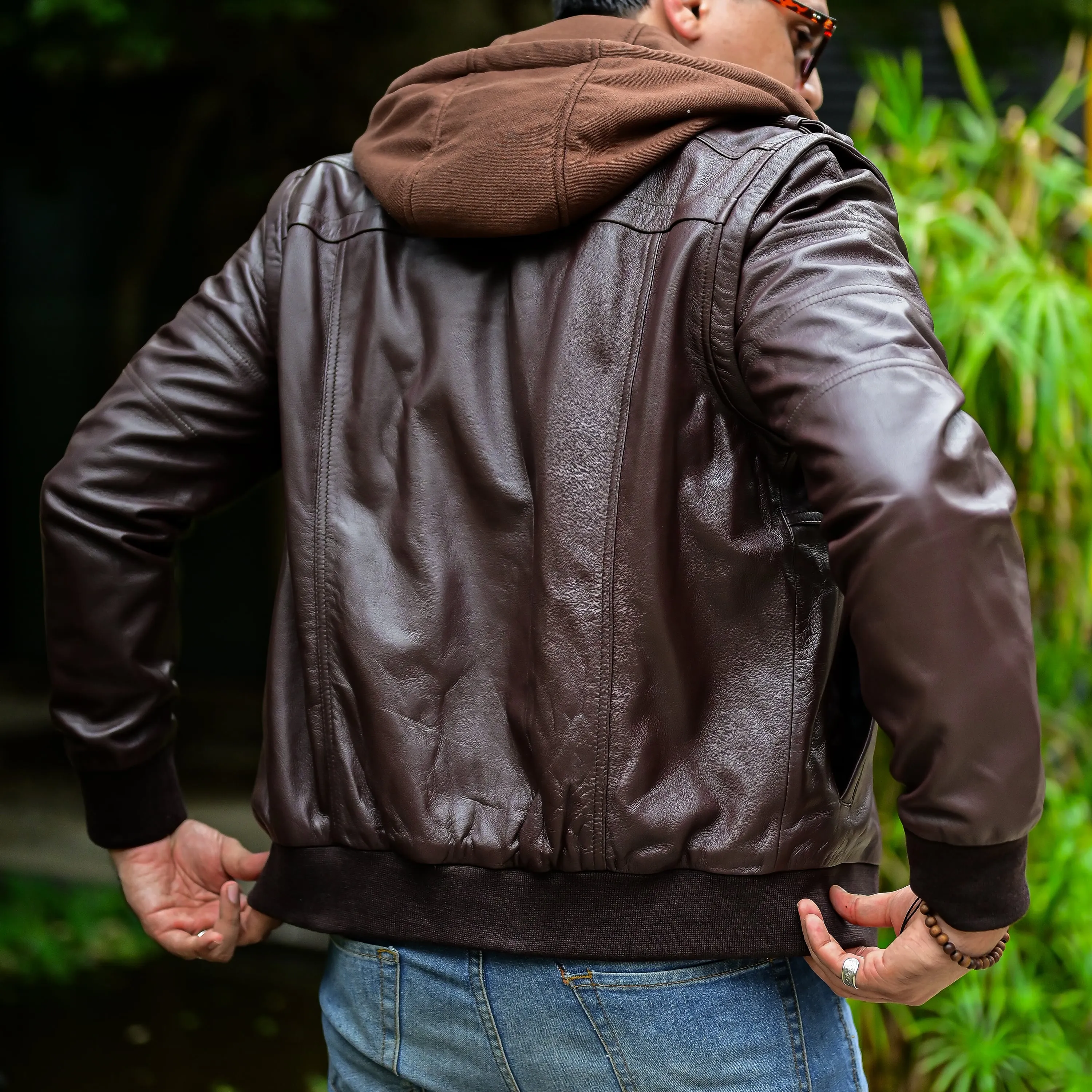 Jild Hooded Leather Bomber Jacket with Removable Hood & Sleeves