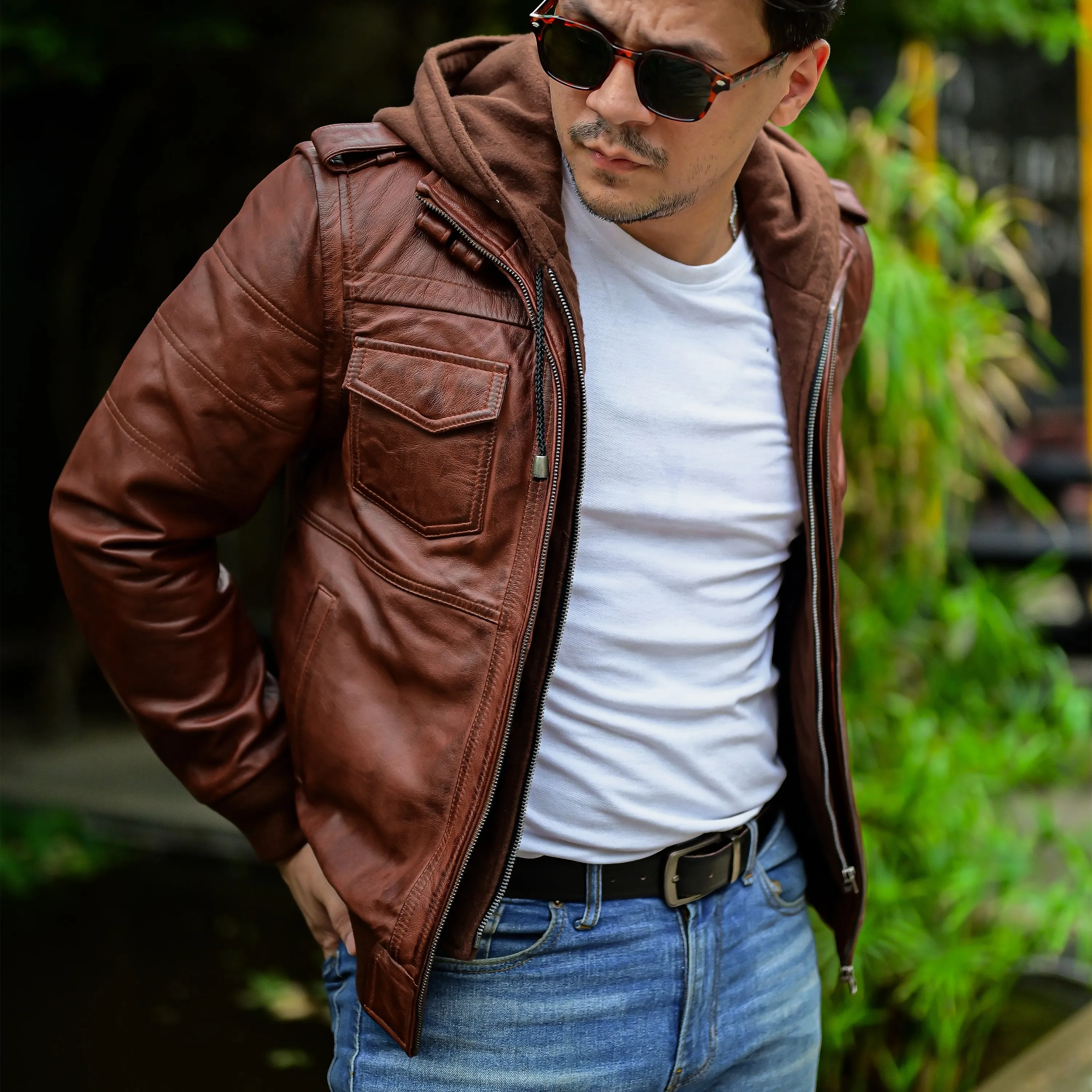 Jild Hooded Leather Bomber Jacket with Removable Hood & Sleeves