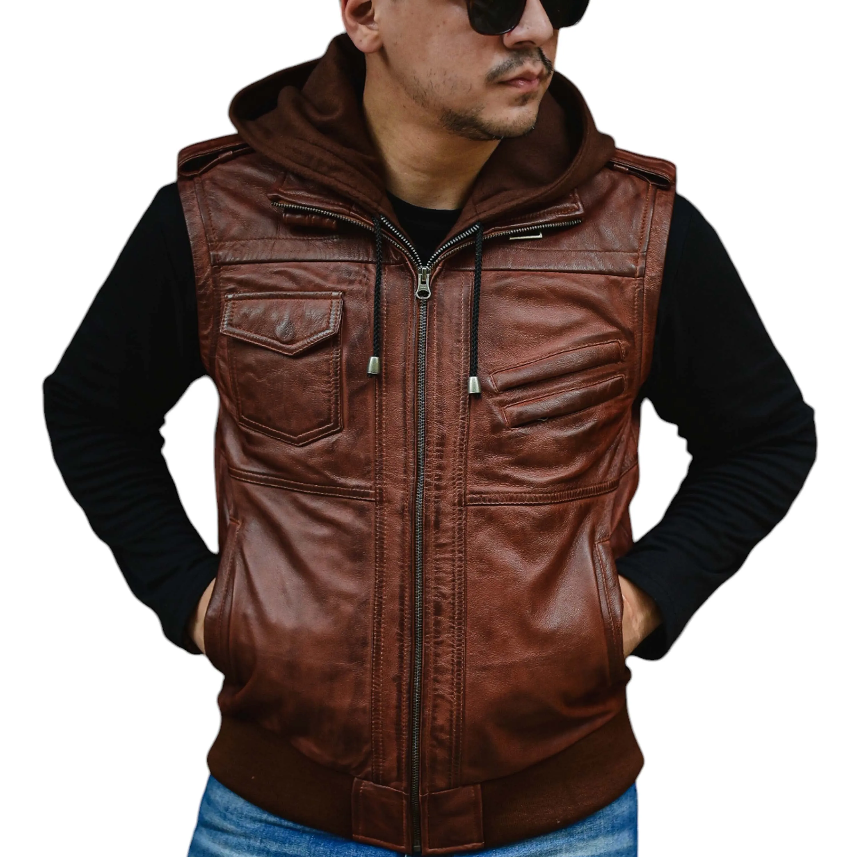 Jild Hooded Leather Bomber Jacket with Removable Hood & Sleeves