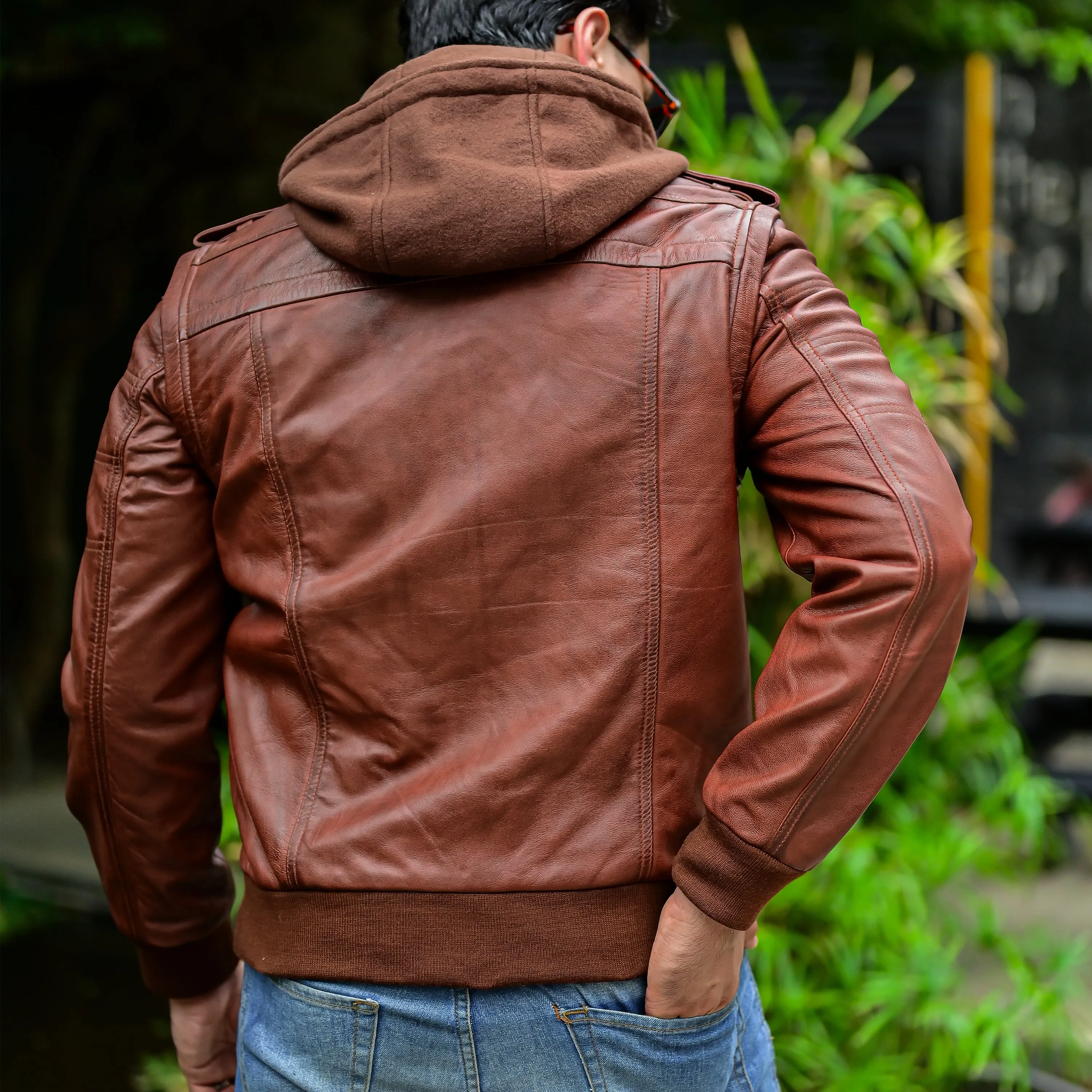 Jild Hooded Leather Bomber Jacket with Removable Hood & Sleeves