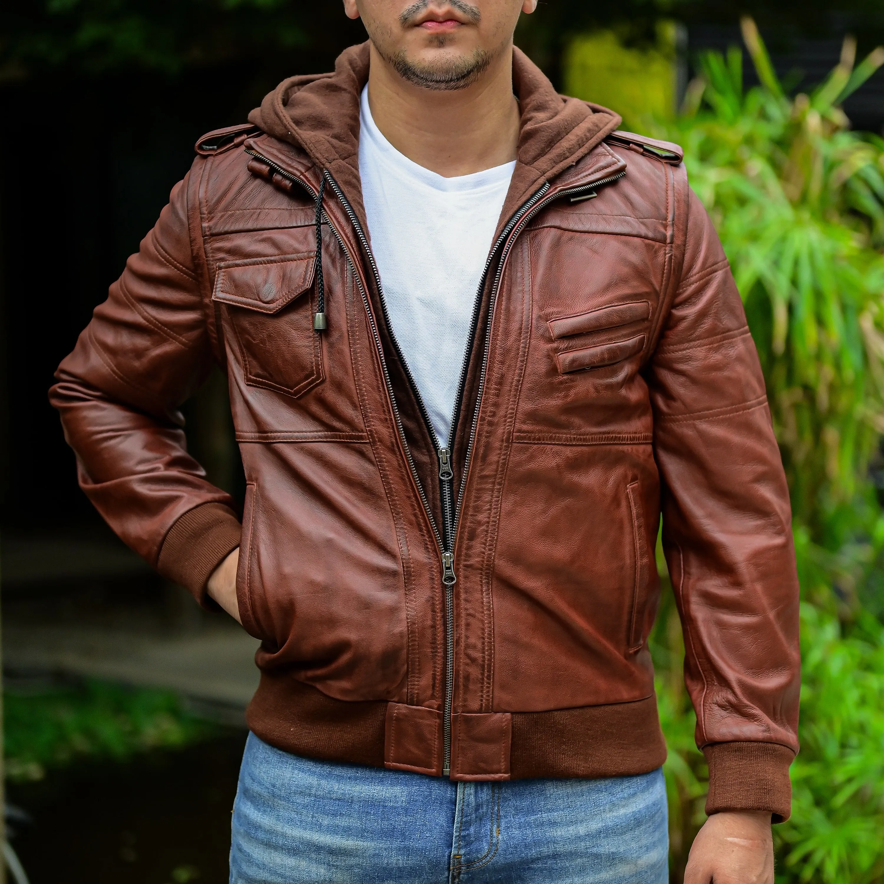 Jild Hooded Leather Bomber Jacket with Removable Hood & Sleeves