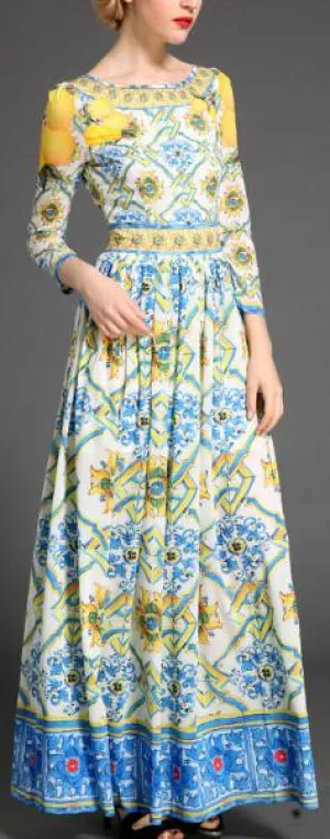 Lemon & Tile Print Maxi Dress