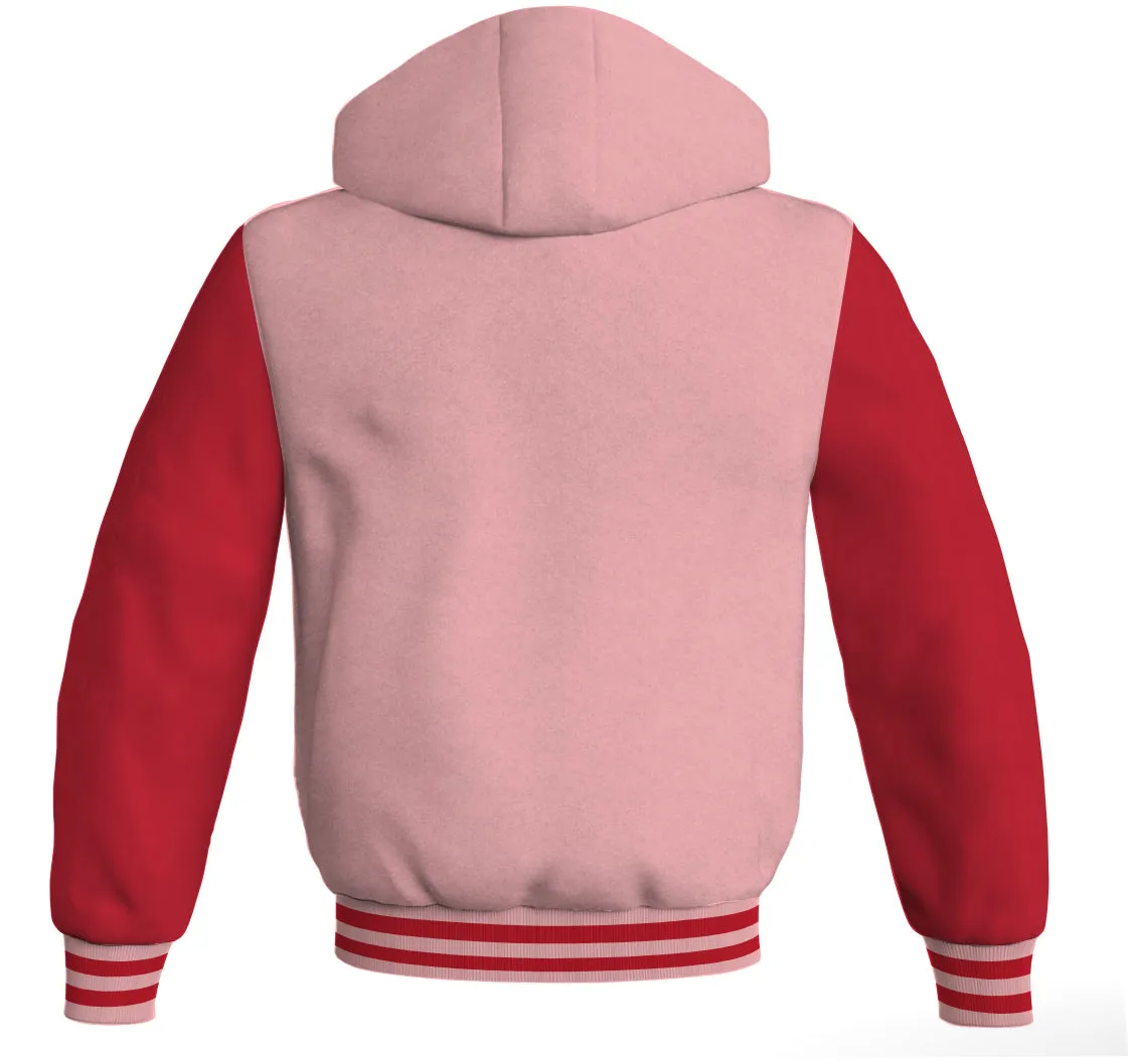 Letterman Hoodie Pink Body and Red Leather Sleeves Varsity Hoodie