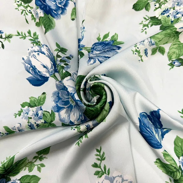 Light Blue Rose Print Poly Charmeuse Satin Fabric