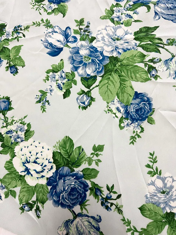 Light Blue Rose Print Poly Charmeuse Satin Fabric