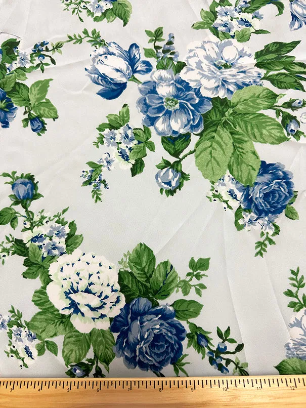 Light Blue Rose Print Poly Charmeuse Satin Fabric