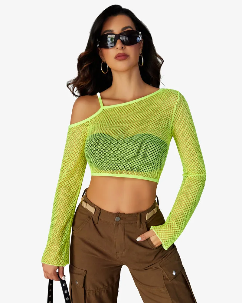 Long Sleeve Fishnet Shirt See Through Tops