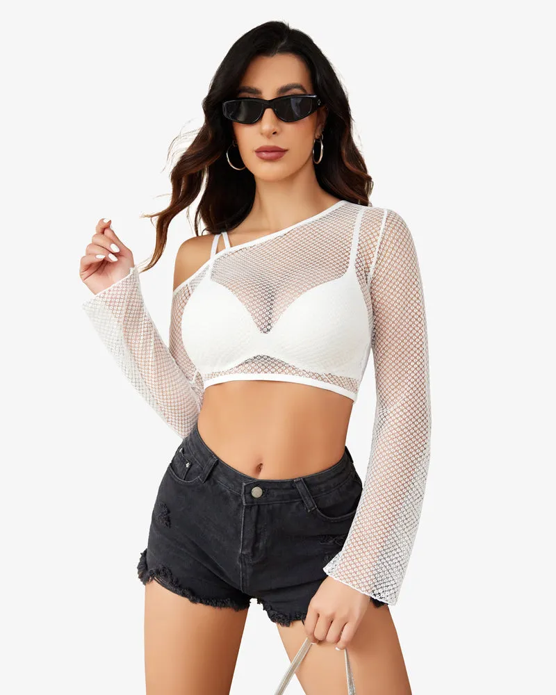 Long Sleeve Fishnet Shirt See Through Tops