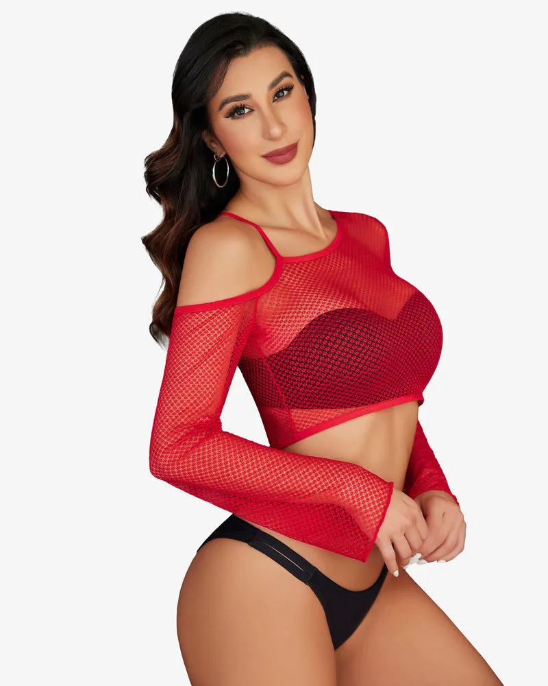 Long Sleeve Fishnet Shirt See Through Tops