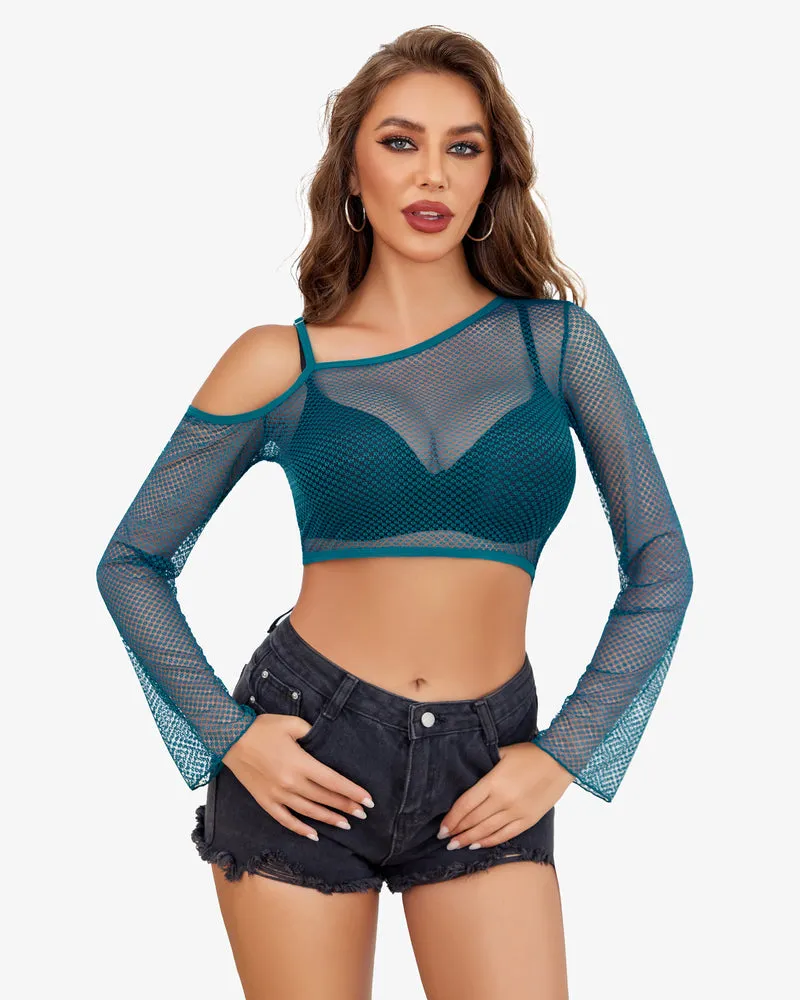 Long Sleeve Fishnet Shirt See Through Tops