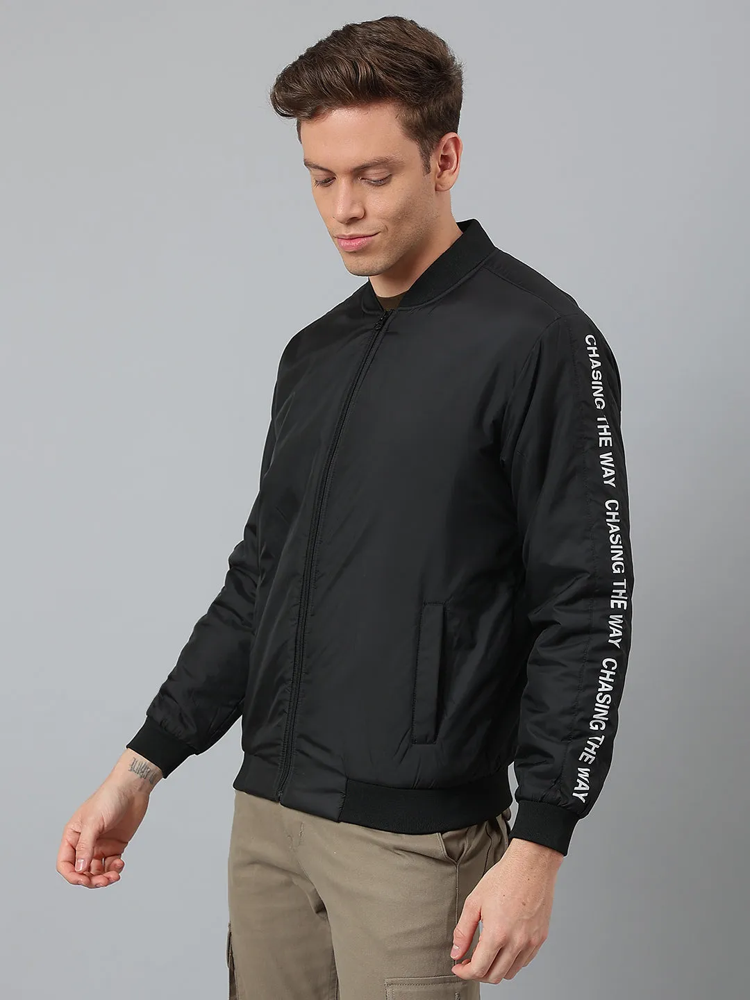 Men's Black Regular Fit Winterwear Bomber Jacket