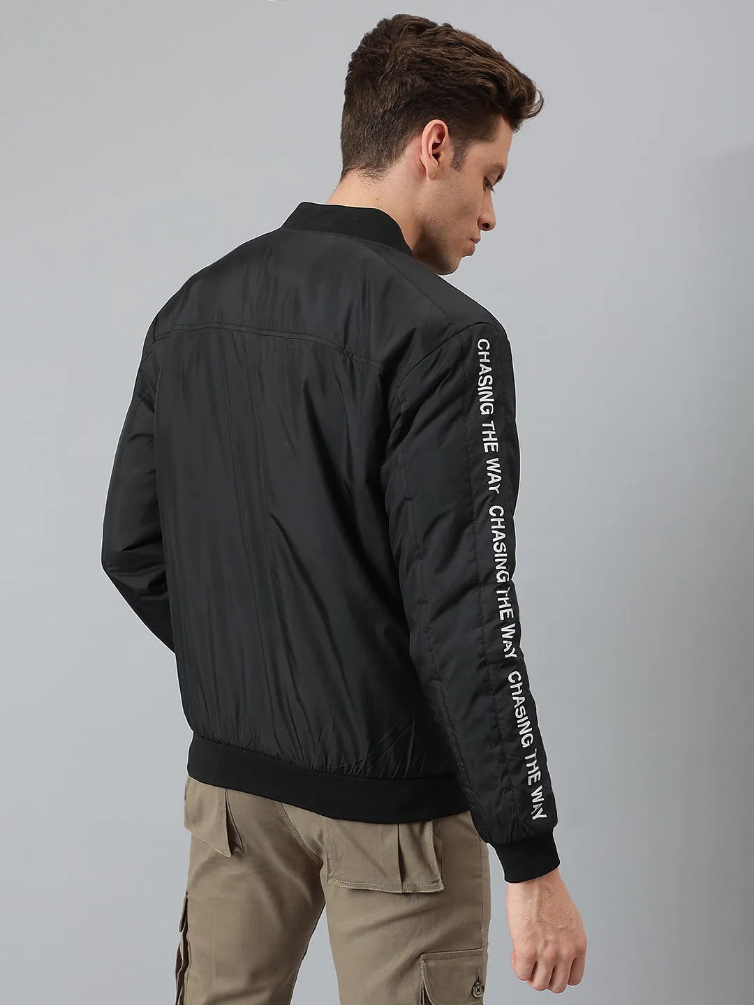 Men's Black Regular Fit Winterwear Bomber Jacket