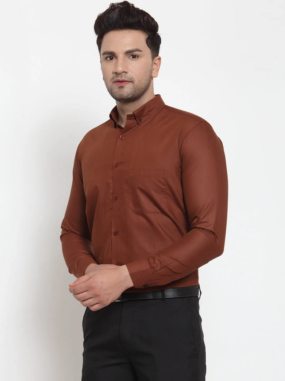 Men's Brown Cotton Solid Button Down Formal Shirts ( SF 713Brown ) - Jainish