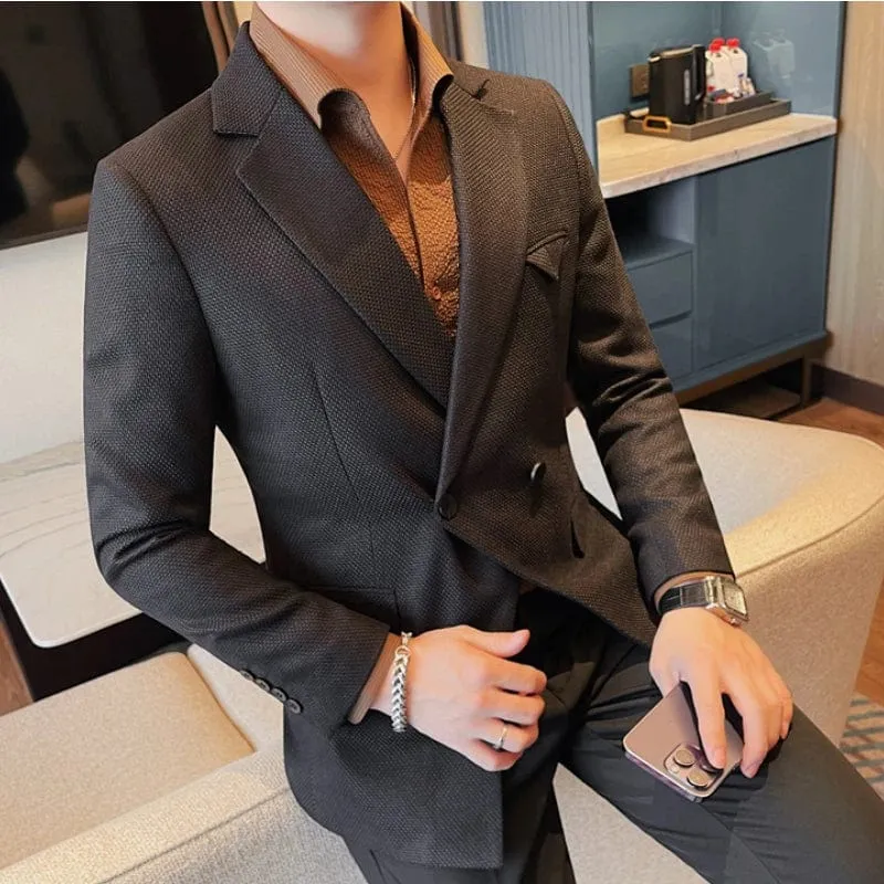 Men's Double-Breasted Tailored Blazer – Formal Business Jacket with Buckle for Banquets & Parties