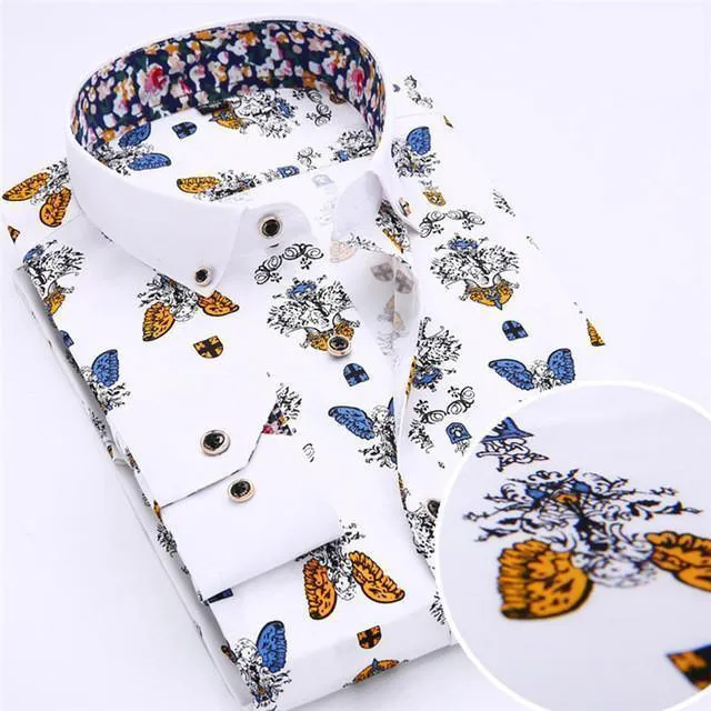 Men's Dress Shirts, Casual Shirts, Butterfly Print Shirts, Blue, White