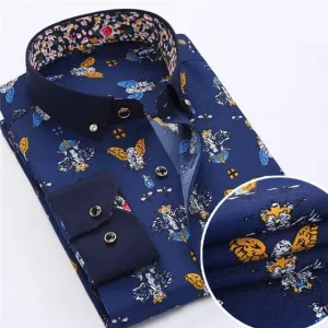 Men's Dress Shirts, Casual Shirts, Butterfly Print Shirts, Blue, White