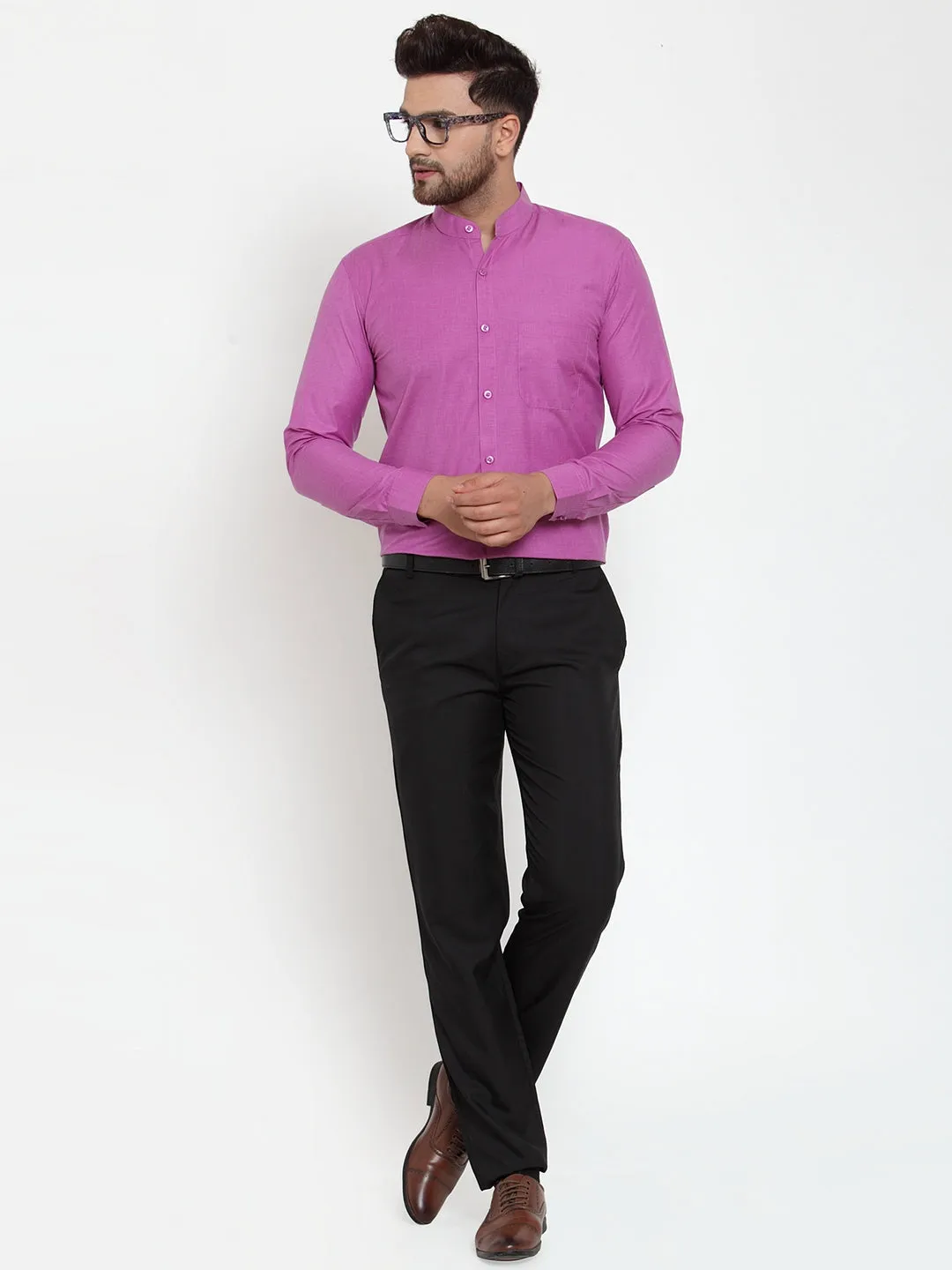 Men's Pink Cotton Solid Mandarin Collar Formal Shirts ( SF 757Wine ) - Jainish