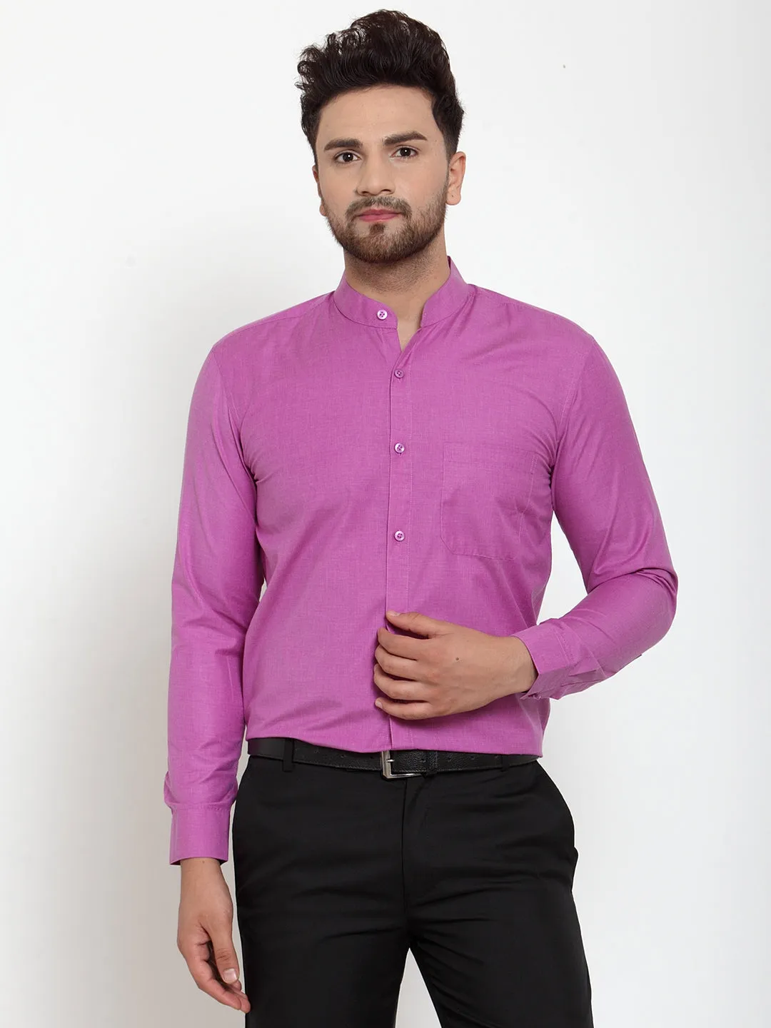 Men's Pink Cotton Solid Mandarin Collar Formal Shirts ( SF 757Wine ) - Jainish