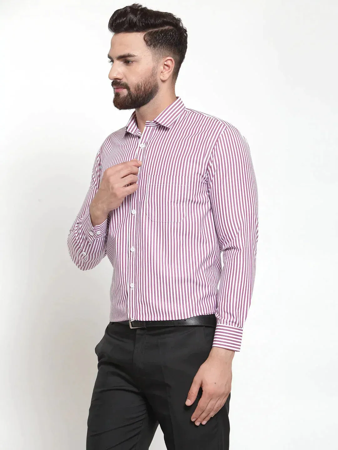 Men's Purple Cotton Striped Formal Shirts - Taantav