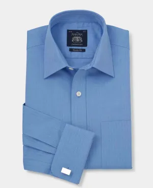 Mid Blue Herringbone Classic Fit Formal Shirt - Double Cuff