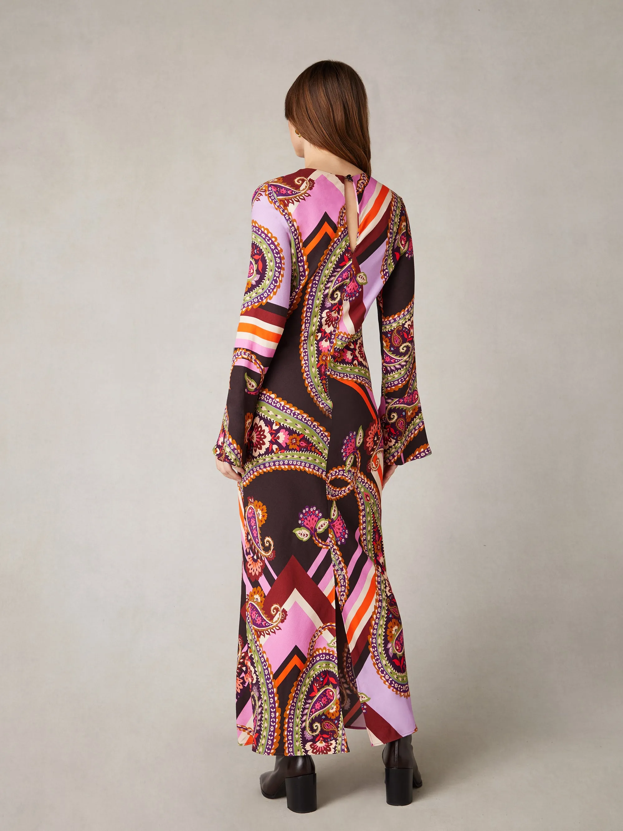 Multi Paisley Print Flute Sleeve Maxi Dress