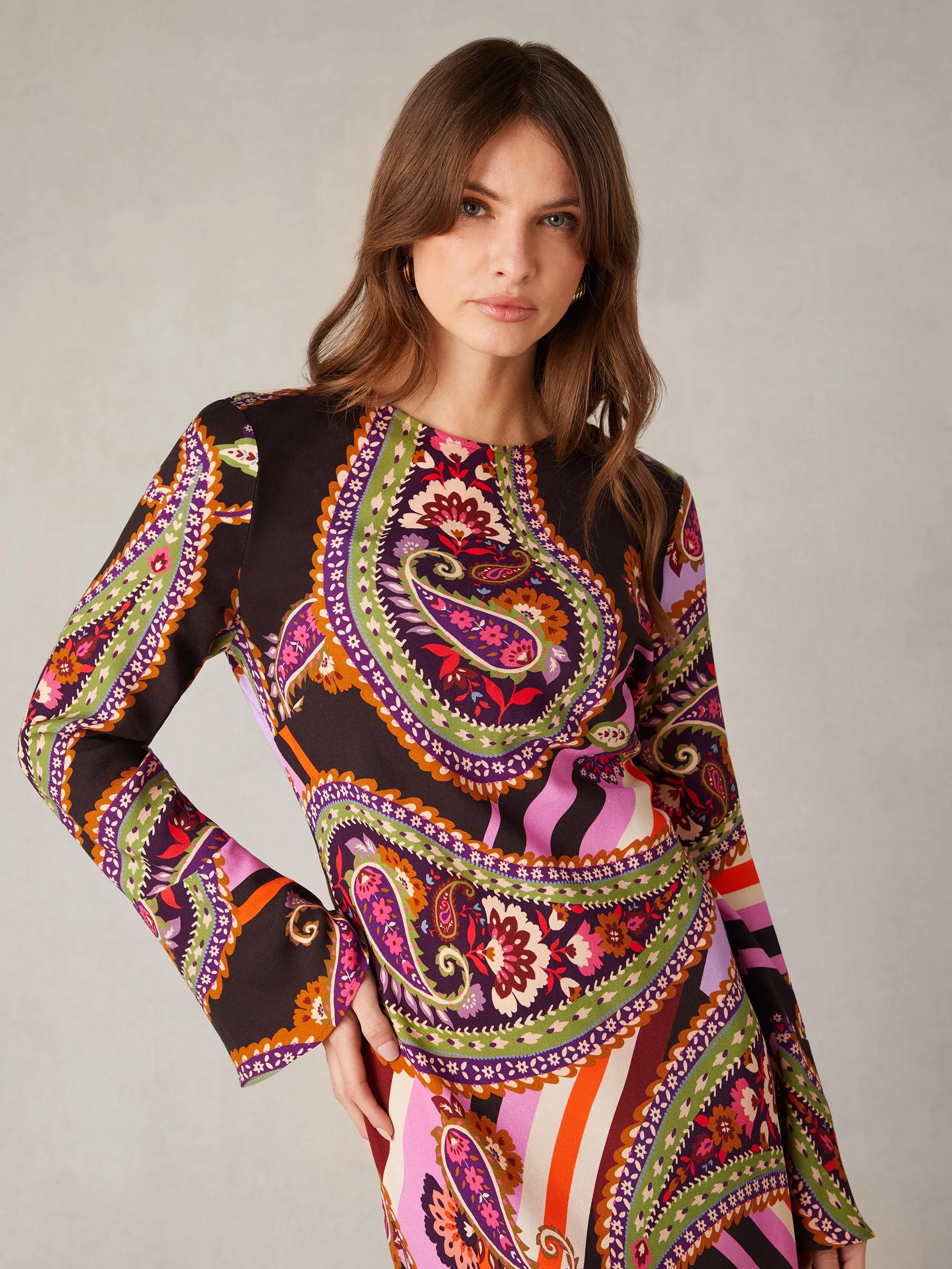 Multi Paisley Print Flute Sleeve Maxi Dress