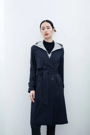 Navy Blue Long Denim Trench Coats