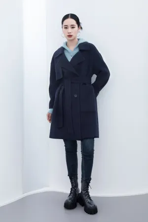 Navy Blue Long Woolen Coats with Belt