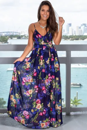 Navy Floral Printed V-Neck Maxi Dress