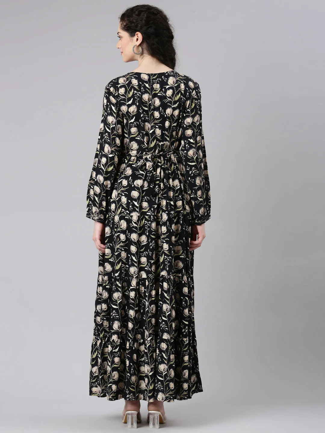 Neerus Black Floral Printed Maxi Dresses