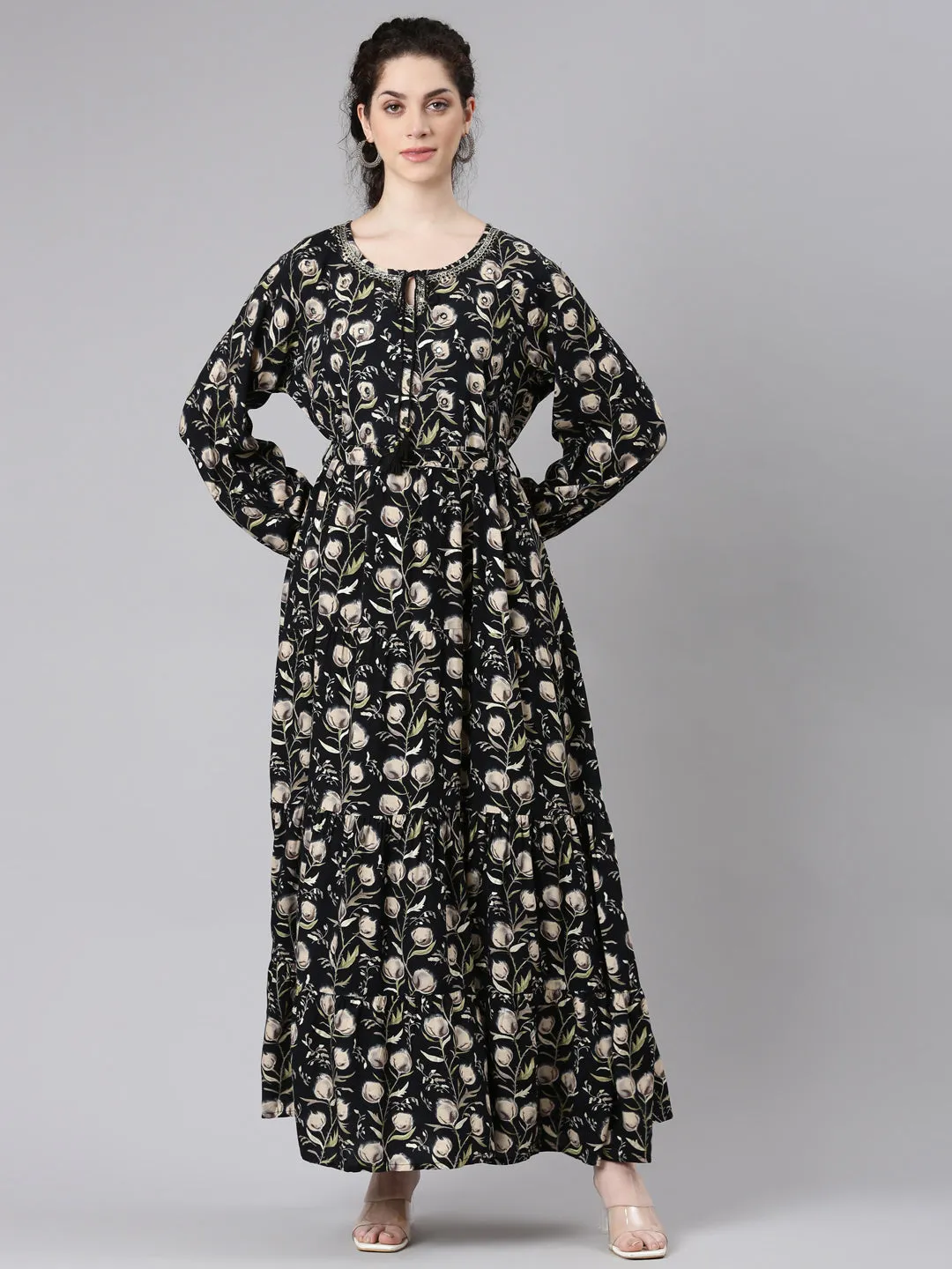 Neerus Black Floral Printed Maxi Dresses