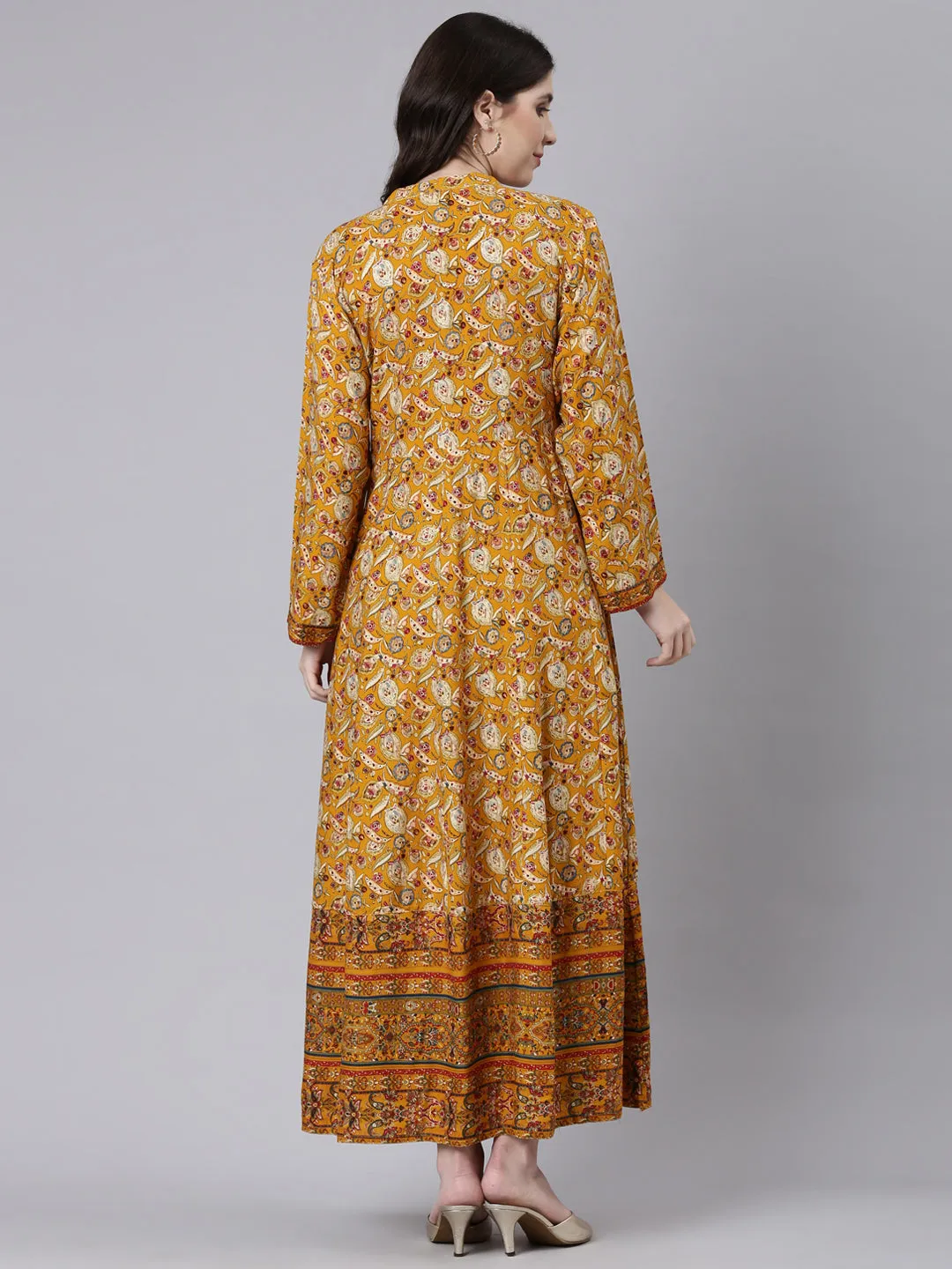 Neeru's Mustard Straight Casual Printed Maxi Dresses