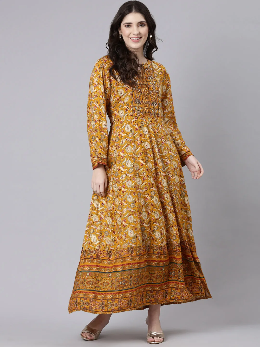 Neeru's Mustard Straight Casual Printed Maxi Dresses